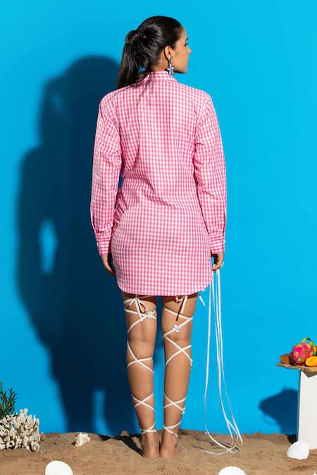 Angsa By Nidhir & Shelly Pink Gingham Shirt Dress With Tie 