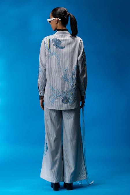 Angsa By Nidhir & Shelly Striped Floral Embroidered Pant Set 