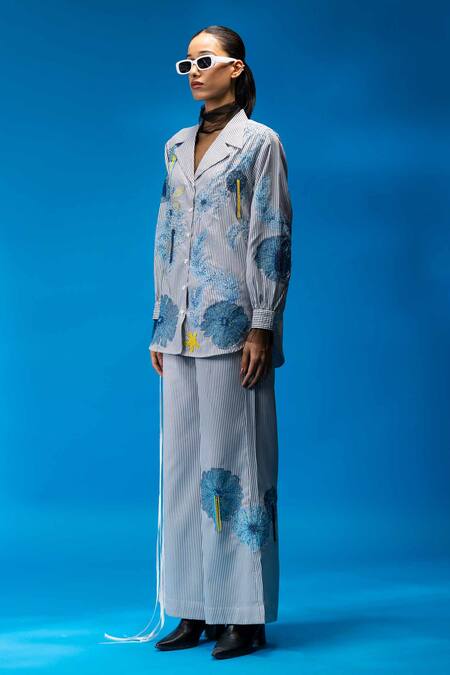 Angsa By Nidhir & Shelly_Black Cotton, Viscose Embroidery Collared Striped Floral Pant Set _Online_at_Aza_Fashions