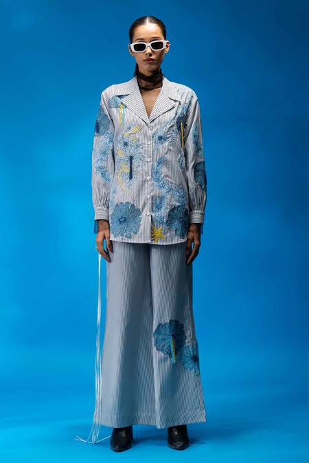Shop_Angsa By Nidhir & Shelly_Black Cotton, Viscose Embroidery Collared Striped Floral Pant Set _Online_at_Aza_Fashions
