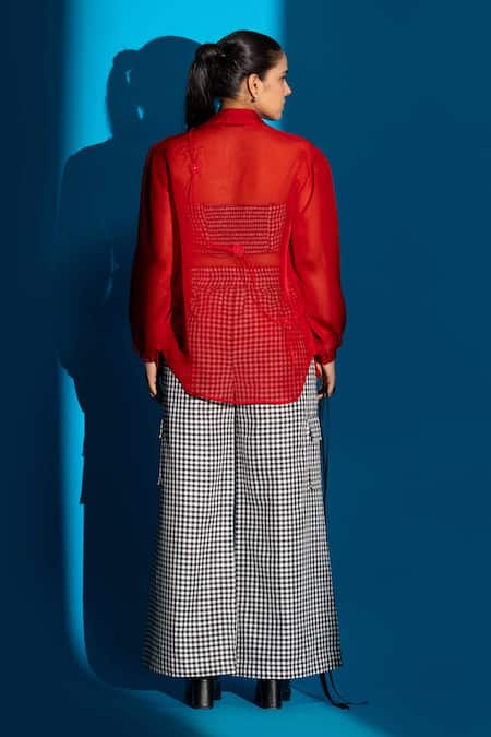 Angsa By Nidhir & Shelly Red Organza Shirt with 3D Floral Details 