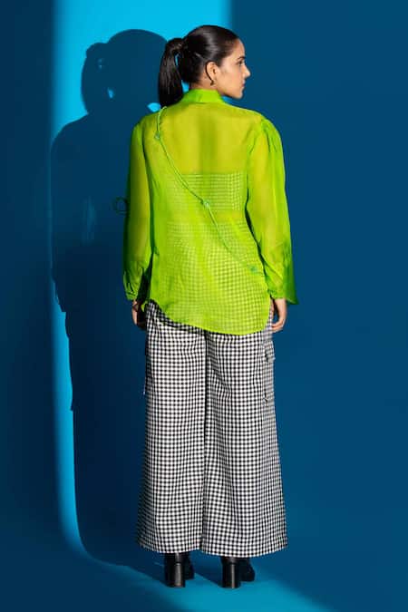 Angsa By Nidhir & Shelly Neon Green Organza Shirt with 3D Flowers 