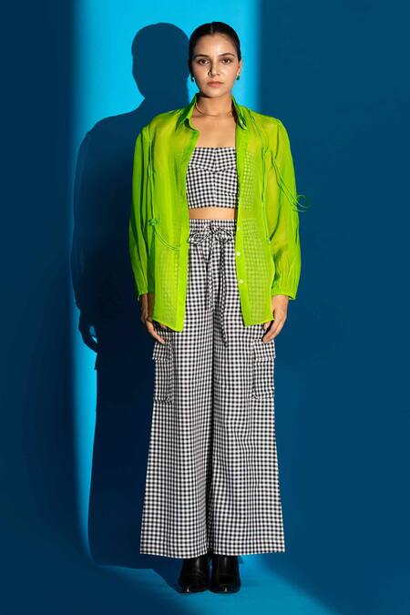 Buy_Angsa By Nidhir & Shelly_Green Organza, Crepe Embroidery Collared Neon Shirt With 3d Flowers _Online_at_Aza_Fashions