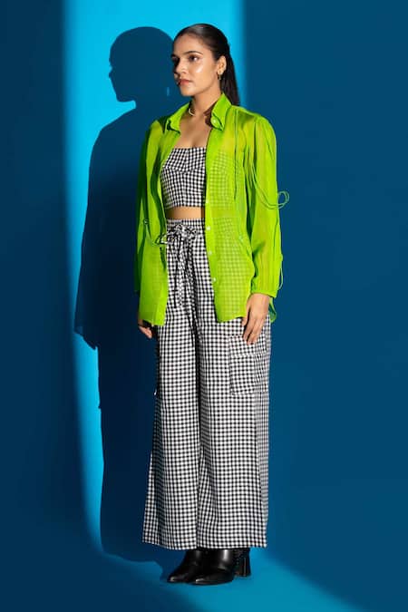 Shop_Angsa By Nidhir & Shelly_Green Organza, Crepe Embroidery Collared Neon Shirt With 3d Flowers _Online_at_Aza_Fashions