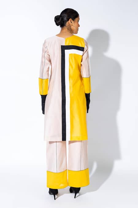 Angsa By Nidhir & Shelly Color-Blocked Mustard & Smoky Pink Kurta Set 