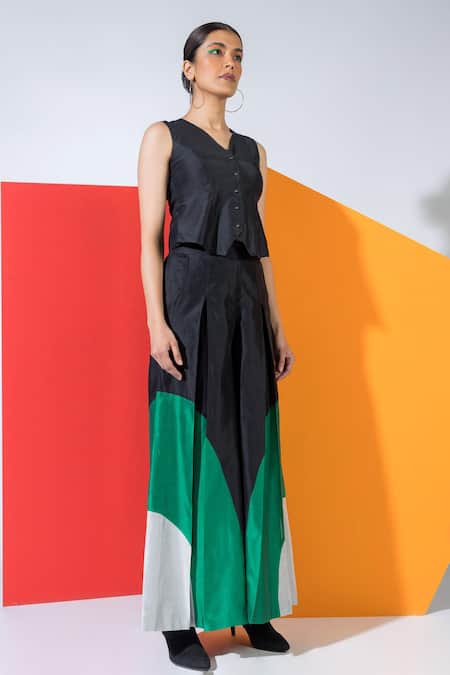 Angsa By Nidhir & Shelly_Black Chanderi Silk Round Neck Color-blocked Flared Pant Set _Online_at_Aza_Fashions