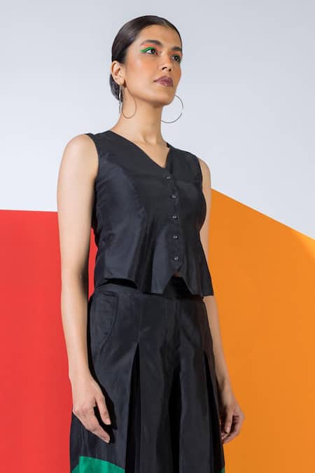 Shop_Angsa By Nidhir & Shelly_Black Chanderi Silk Round Neck Color-blocked Flared Pant Set _Online_at_Aza_Fashions