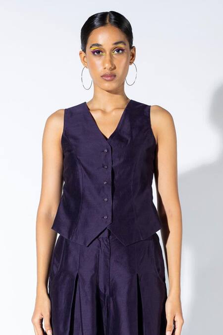 Angsa By Nidhir & Shelly_Purple Chanderi Silk Round Neck Color-blocked Flared Pant Set _Online_at_Aza_Fashions