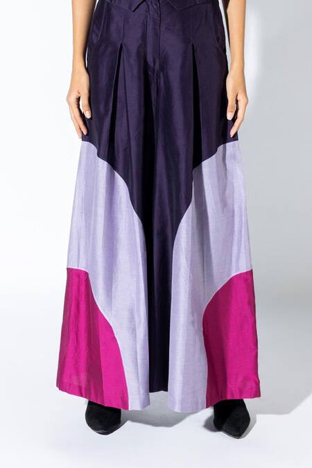 Buy_Angsa By Nidhir & Shelly_Purple Chanderi Silk Round Neck Color-blocked Flared Pant Set _Online_at_Aza_Fashions
