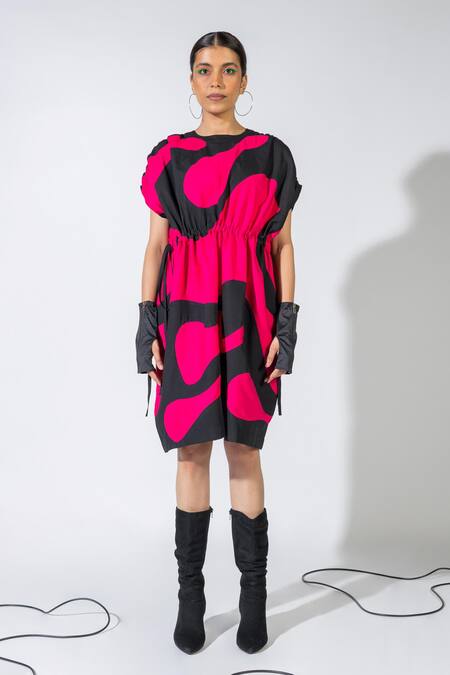 Buy_Angsa By Nidhir & Shelly_Magenta Cotton Crew Neck Color-blocked Black Dress _Online_at_Aza_Fashions