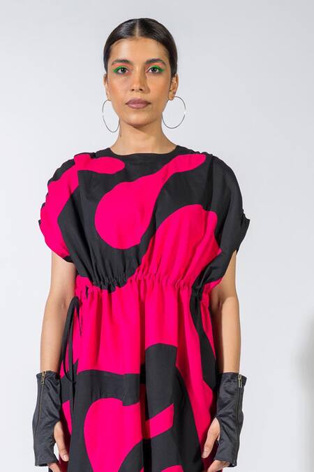 Shop_Angsa By Nidhir & Shelly_Magenta Cotton Crew Neck Color-blocked Black Dress _Online_at_Aza_Fashions