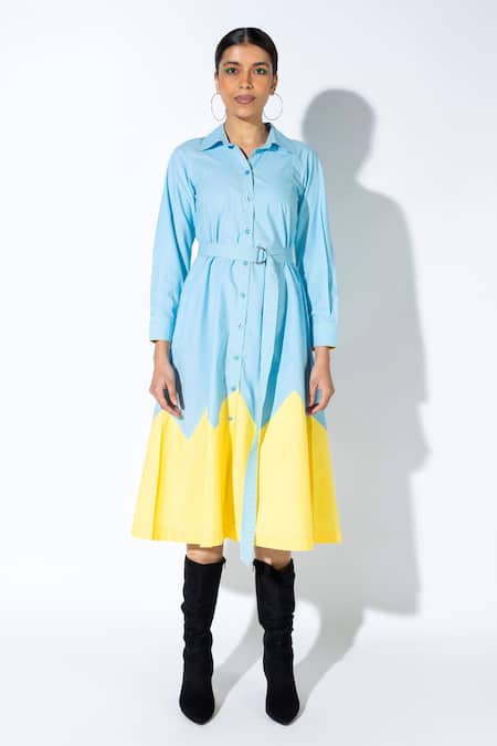 Angsa By Nidhir & Shelly_Sky Blue Collared Color Block Midi Shirt Dress _Online_at_Aza_Fashions