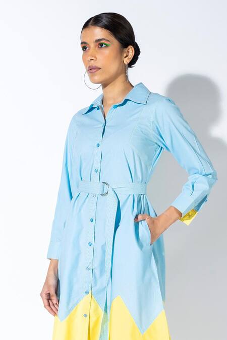 Buy_Angsa By Nidhir & Shelly_Sky Blue Collared Color Block Midi Shirt Dress _Online_at_Aza_Fashions