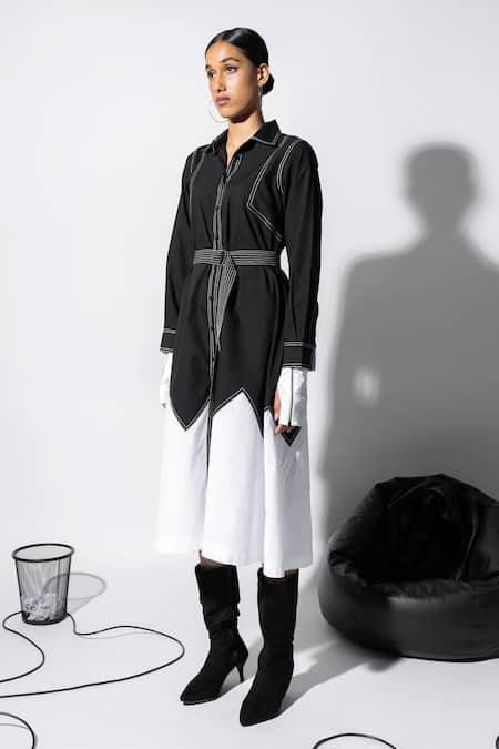 Angsa By Nidhir & Shelly_Black Collared Contrasting Hem Tailored Midi Dress _Online_at_Aza_Fashions