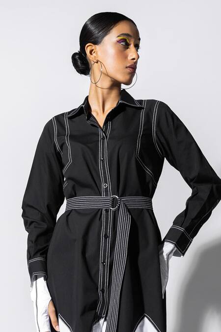 Buy_Angsa By Nidhir & Shelly_Black Collared Contrasting Hem Tailored Midi Dress _Online_at_Aza_Fashions
