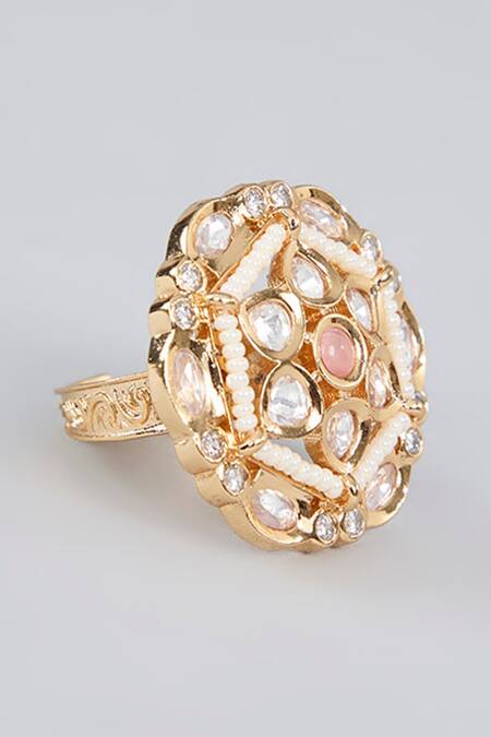 Auraa Trends_Gold Plated Stones Finish Pearl Moissanite Ring_Online_at_Aza_Fashions