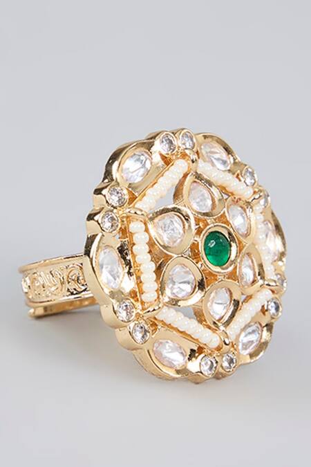 Auraa Trends Gold Plated Imitation Diamonds Floral Kundan Gemstone Ring Online at Aza Fashions Auraa Trends_Gold Plated Imitation Diamonds Floral Kundan Gemstone Ring_Online_at_Aza_Fashions