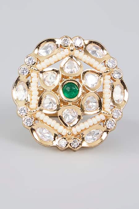 Shop Auraa Trends Gold Plated Imitation Diamonds Floral Kundan Gemstone Ring at Aza Fashions Shop_Auraa Trends_Gold Plated Imitation Diamonds Floral Kundan Gemstone Ring_at_Aza_Fashions