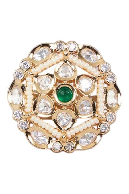 Shop Auraa Trends Gold Plated Imitation Diamonds Floral Kundan Gemstone Ring Online at Aza Fashions Shop_Auraa Trends_Gold Plated Imitation Diamonds Floral Kundan Gemstone Ring_Online_at_Aza_Fashions