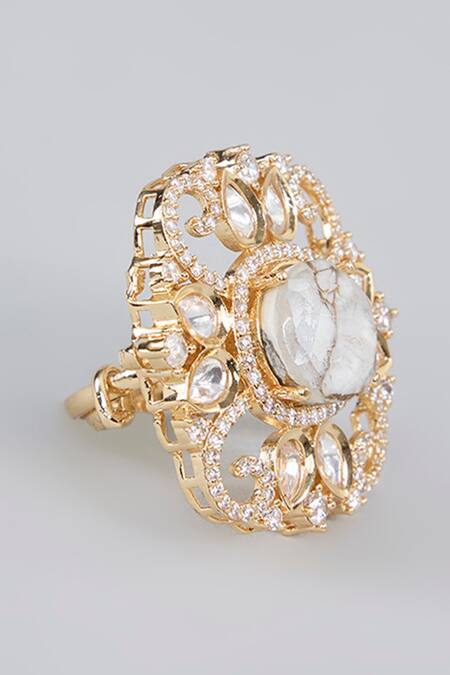 Auraa Trends_Gold Plated Floral Kundan Polki Finish Ring _Online_at_Aza_Fashions