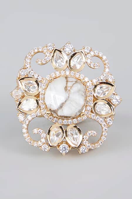 Shop_Auraa Trends_Gold Plated Floral Kundan Polki Finish Ring _at_Aza_Fashions