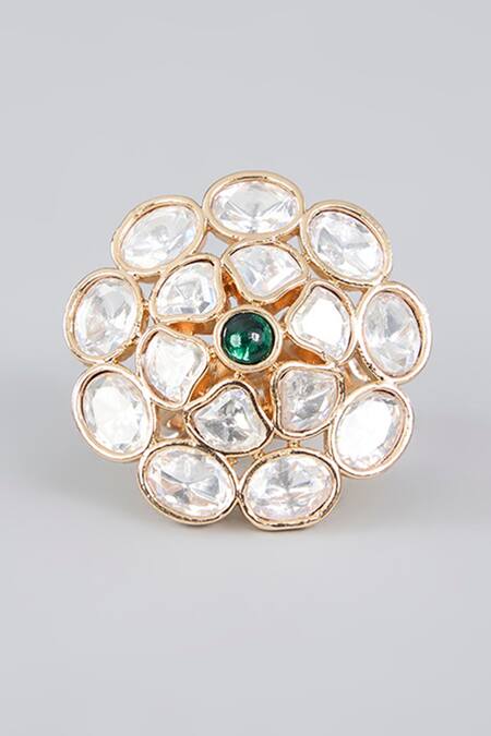 Auraa Trends_Gold Plated Diamonds, Stones Kundan Polki And Emerald Ring _Online_at_Aza_Fashions