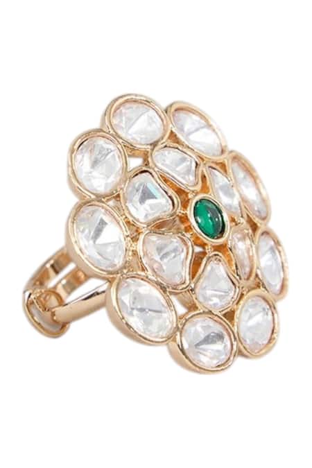 Shop_Auraa Trends_Gold Plated Diamonds, Stones Kundan Polki And Emerald Ring _at_Aza_Fashions