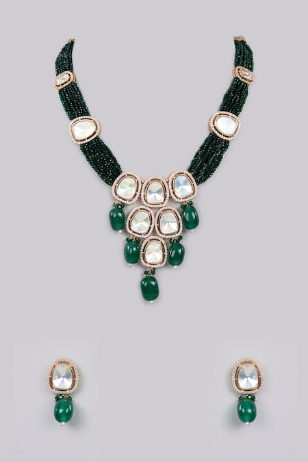 Shop_Auraa Trends_Green Stones, Diamonds Kundan Polki And Emerald Necklace Set_at_Aza_Fashions