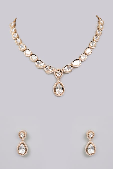 Shop_Auraa Trends_Gold Plated Stones Kundan Polki And Pearl Necklace Set_at_Aza_Fashions