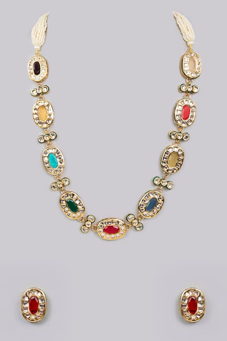 Shop_Auraa Trends_Gold Plated Rhinestones Finish Multi-colored Gemstone Necklace Set_at_Aza_Fashions