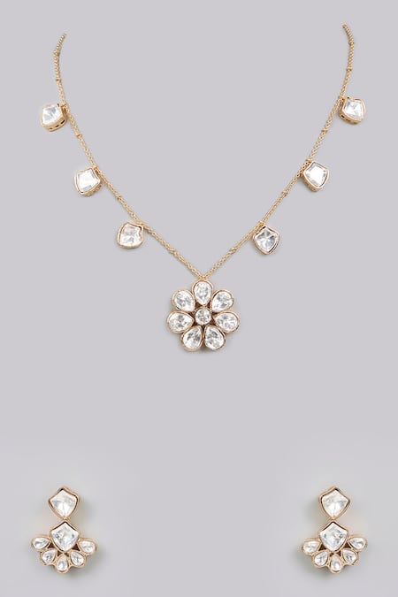 Shop_Auraa Trends_Gold Plated Stones Kundan Polki Necklace Set_at_Aza_Fashions