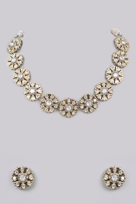 Shop Auraa Trends Gold Plated Stones Kundan Polki Choker Necklace Set at Aza Fashions Shop_Auraa Trends_Gold Plated Stones Kundan Polki Choker Necklace Set_at_Aza_Fashions