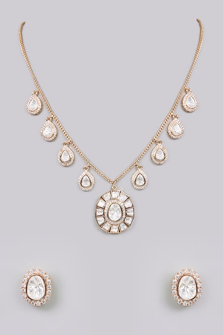 Shop_Auraa Trends_Gold Plated Imitation Diamonds Finish Pearl Necklace Set_at_Aza_Fashions