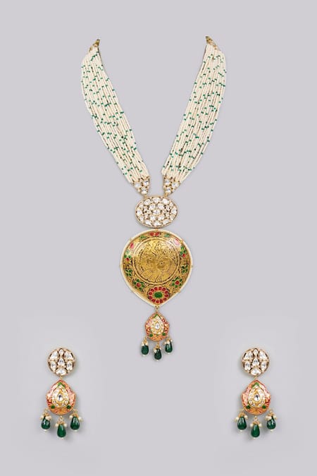Shop_Auraa Trends_Gold Plated Diamonds, Stones Kundan Polki Necklace Set_at_Aza_Fashions