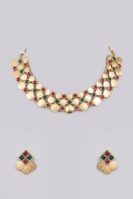 Shop_Auraa Trends_Gold Plated Stones Kundan Polki Necklace Set _at_Aza_Fashions