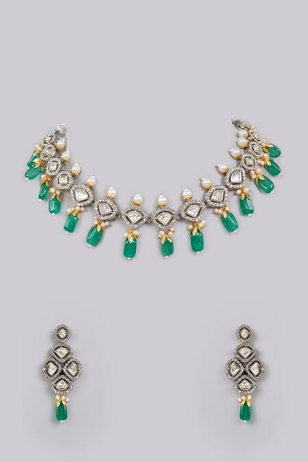 Shop_Auraa Trends_Gold Plated Stones, Pearls, Crystals Emerald And Necklace Set_at_Aza_Fashions