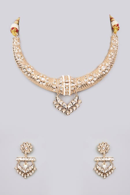 Shop_Auraa Trends_Gold Plated Diamonds, Pearls Kundan Polki Necklace And Earring Set_at_Aza_Fashions