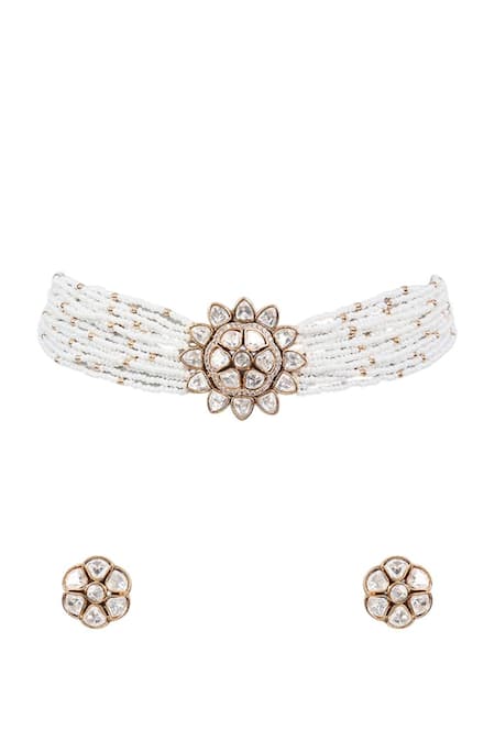 Auraa Trends_Gold Plated Imitation Diamonds Kundan Polki Pearl Necklace Set _Online_at_Aza_Fashions