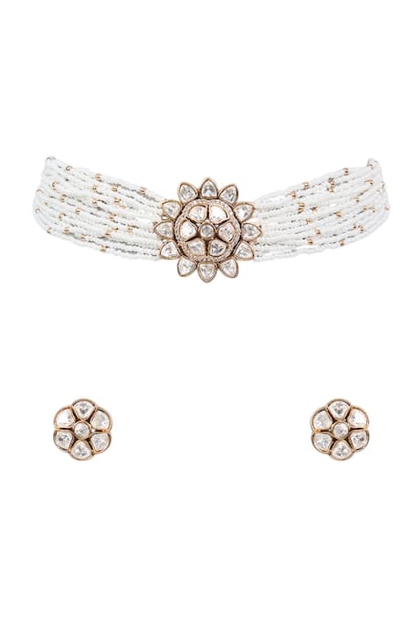 Shop_Auraa Trends_Gold Plated Imitation Diamonds Kundan Polki Pearl Necklace Set _Online_at_Aza_Fashions