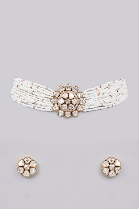 Shop_Auraa Trends_Gold Plated Imitation Diamonds Kundan Polki Pearl Necklace Set _at_Aza_Fashions