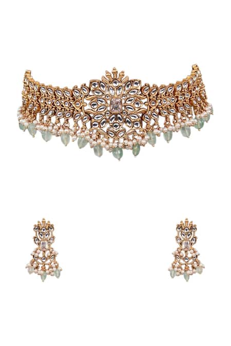 Shop Auraa Trends Gold Plated Diamonds, Pearls, Stones Kundan Polki Choker Necklace Set Online at Aza Fashions Shop_Auraa Trends_Gold Plated Diamonds, Pearls, Stones Kundan Polki Choker Necklace Set _Online_at_Aza_Fashions