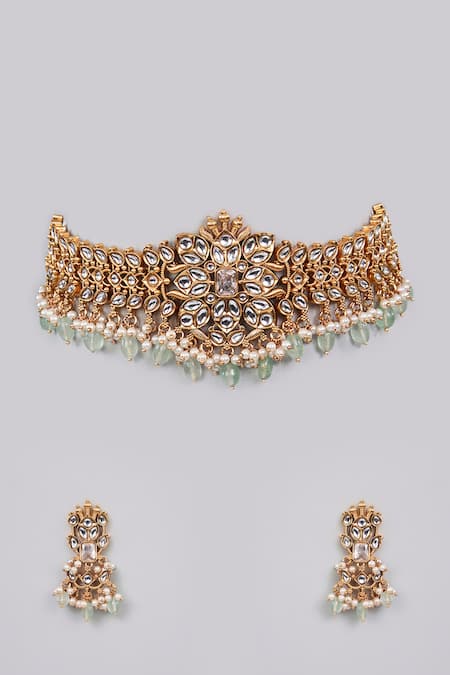 Auraa Trends Kundan Polki Pearl Choker Necklace Set 