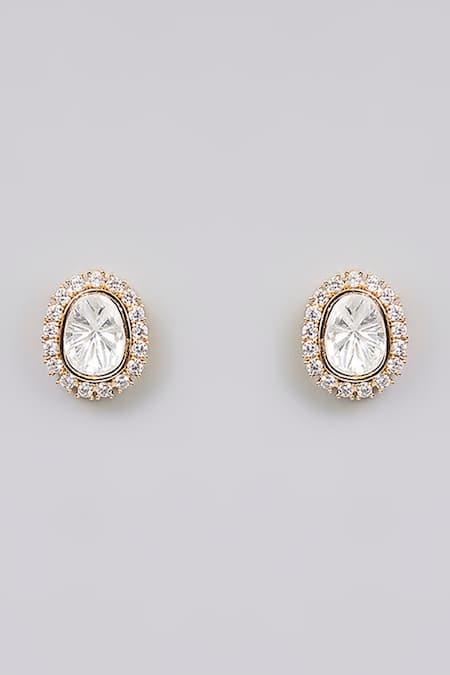 Shop_Auraa Trends_Gold Plated Kundan Polki Pearl Stud Earrings _at_Aza_Fashions