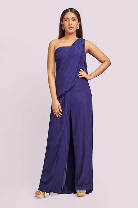 Shop Blue Lotus Design Blue Georgette One Shoulder Draped Jumpsuit at Aza Fashions Shop_Blue Lotus Design_Blue Georgette One Shoulder Draped Jumpsuit _at_Aza_Fashions