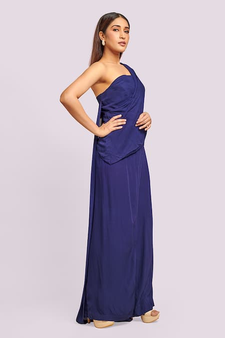 Blue Lotus Design Blue Georgette One Shoulder Draped Jumpsuit Online at Aza Fashions Blue Lotus Design_Blue Georgette One Shoulder Draped Jumpsuit _Online_at_Aza_Fashions