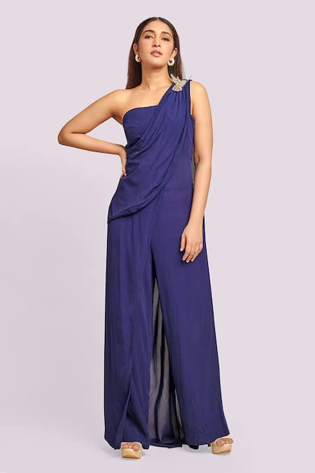 Blue Lotus Design Blue Georgette One Shoulder Draped Jumpsuit 