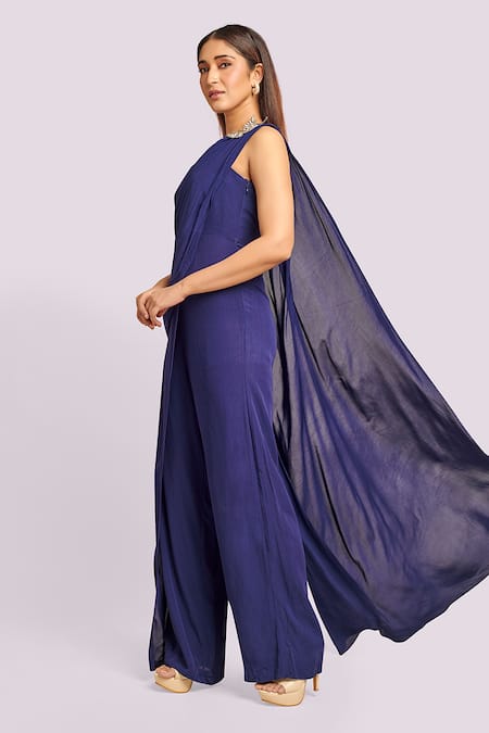 Buy Blue Lotus Design Blue Georgette One Shoulder Draped Jumpsuit Online at Aza Fashions Buy_Blue Lotus Design_Blue Georgette One Shoulder Draped Jumpsuit _Online_at_Aza_Fashions