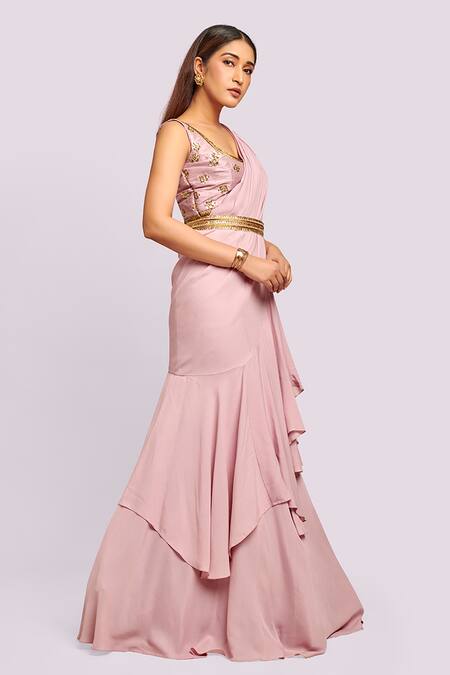 Blue Lotus Design_Mauve Georgette Embroidery, Sequins Ruffled Saree Set _Online_at_Aza_Fashions