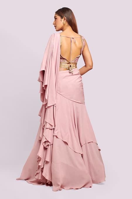 Blue Lotus Design Mauve Ruffled Embroidered Saree Set 