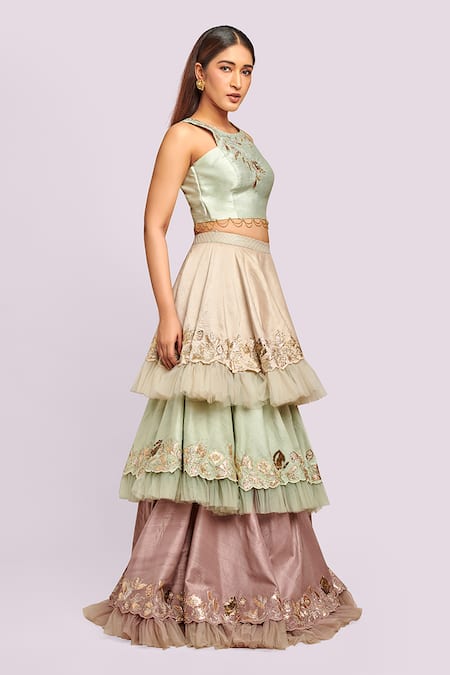 Shop Blue Lotus Design Mint Silk Embroidery Round Neck Layered Lehenga Set at Aza Fashions Shop_Blue Lotus Design_Mint Silk Embroidery Round Neck Layered Lehenga Set _at_Aza_Fashions